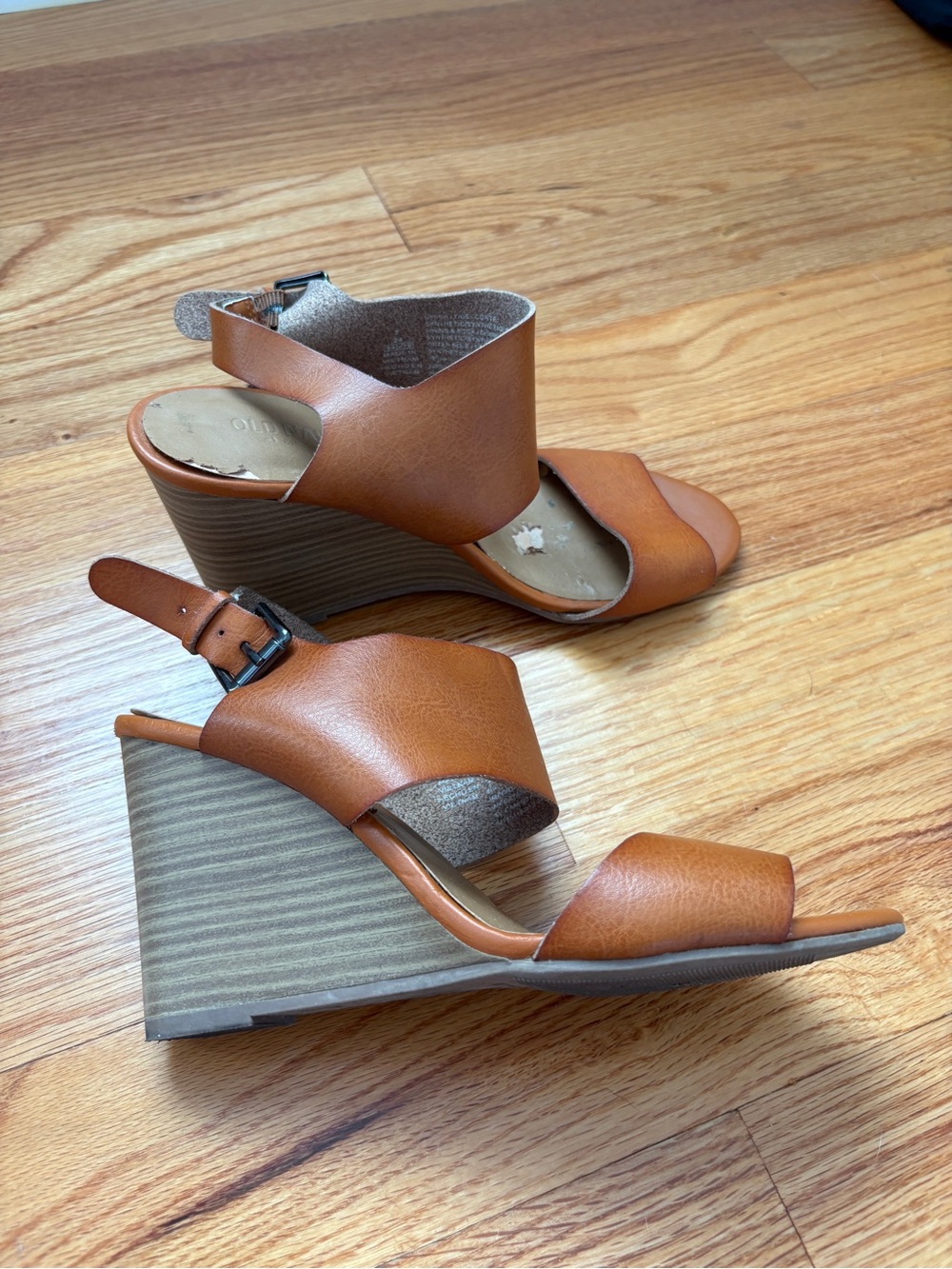 Old Navy Cognac Tan Wedge Sandals with Ankle Buckle